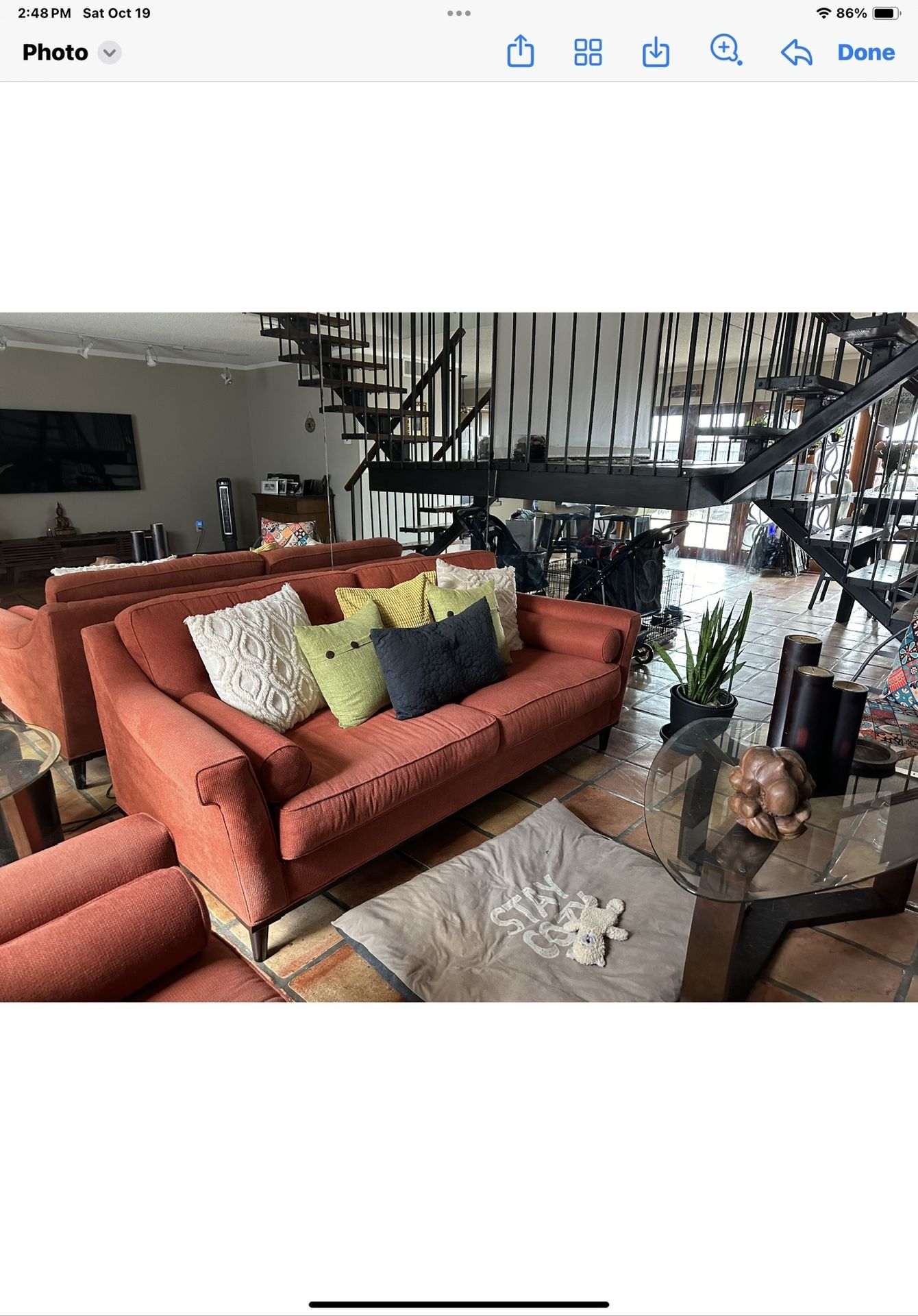Living room furniture, sofas, tables, and lamps and side chair for Sale