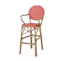 Outdoor Wicker and Aluminum 29.5 French Barstools, Set of 2, Red, Bamboo Print Finish