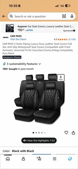 CAR PASS 5 Seats Piping Luxury Faux Leather Seat Covers Full Set, Anti-Slip Waterproof Seat Covers Compatible with Front Armrests, Universal Fit for S