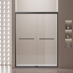 Semi-Frameless Shower Door, 55-60" W x 76" H, 1/4"，Matte Black ANSI Certified Safety Glass,304 Stainless Steel Handle,Nano Explosion-Proof Film,Smooth