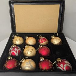 Set of 11 4" Glass Vintage Ornaments Red Gold Glitter Rhinestone Christmas Decor