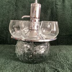Vintage Crystal “Bowling Ball” Decanter, Pump, And 5 Glasses