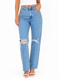 High-Waist Distressed Straight-Leg Jeans with Rhinestones, 15