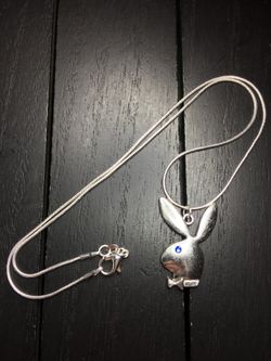 18”, 20”, 22” or 24” Blue Swarovski Glass Crystal Eye/ Silver Plated Necklace with Playboy Bunny Pendant (free gift! pictured last)