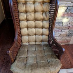 Vintage Cane Wingback Tufted Gold Velvet Armchair