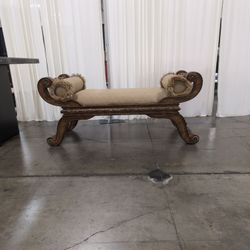 Horchowineiman Marcus-Ornate Traditional Beige Upholstered Bench in Dark Wood