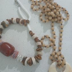 Shell & REAL AMBER SEA INSPIRED CHOKER AND LONG BEADED VINTAGE SHELL PENDANT NECKLACE UNISEX