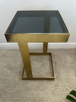 Brass & Smoked Glass Side Table – Modern Geometric Accent Table