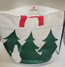 Barnes & Noble Holiday Canvas Tote Bag Christmas Pine Trees Snowman Red Handles