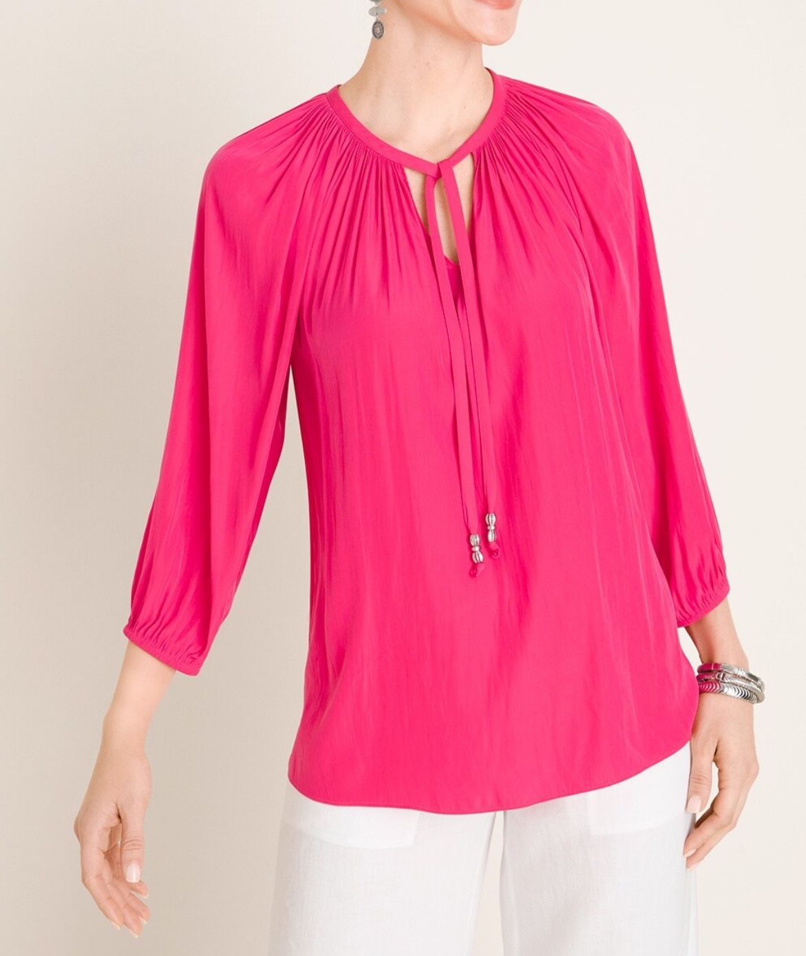 Chicos Shirred Tie-Neck Raglan-Sleeve Blouse