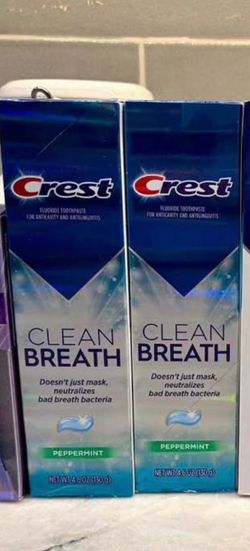 New Crest Clean Breath Peppermint Fluoride Toothpaste. Toothpaste has anticavity and antigingivitis properties. Neutralizes bad breath bacteria