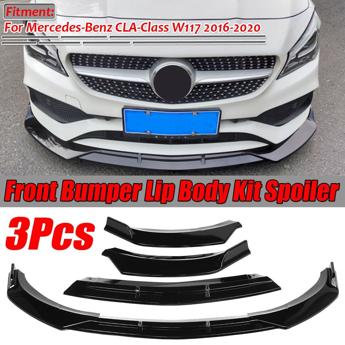 For 2013-2019 Mercedes BenZ CLA W117 3 Parts Front Lip Kit PG Style Gloss Black Brand New