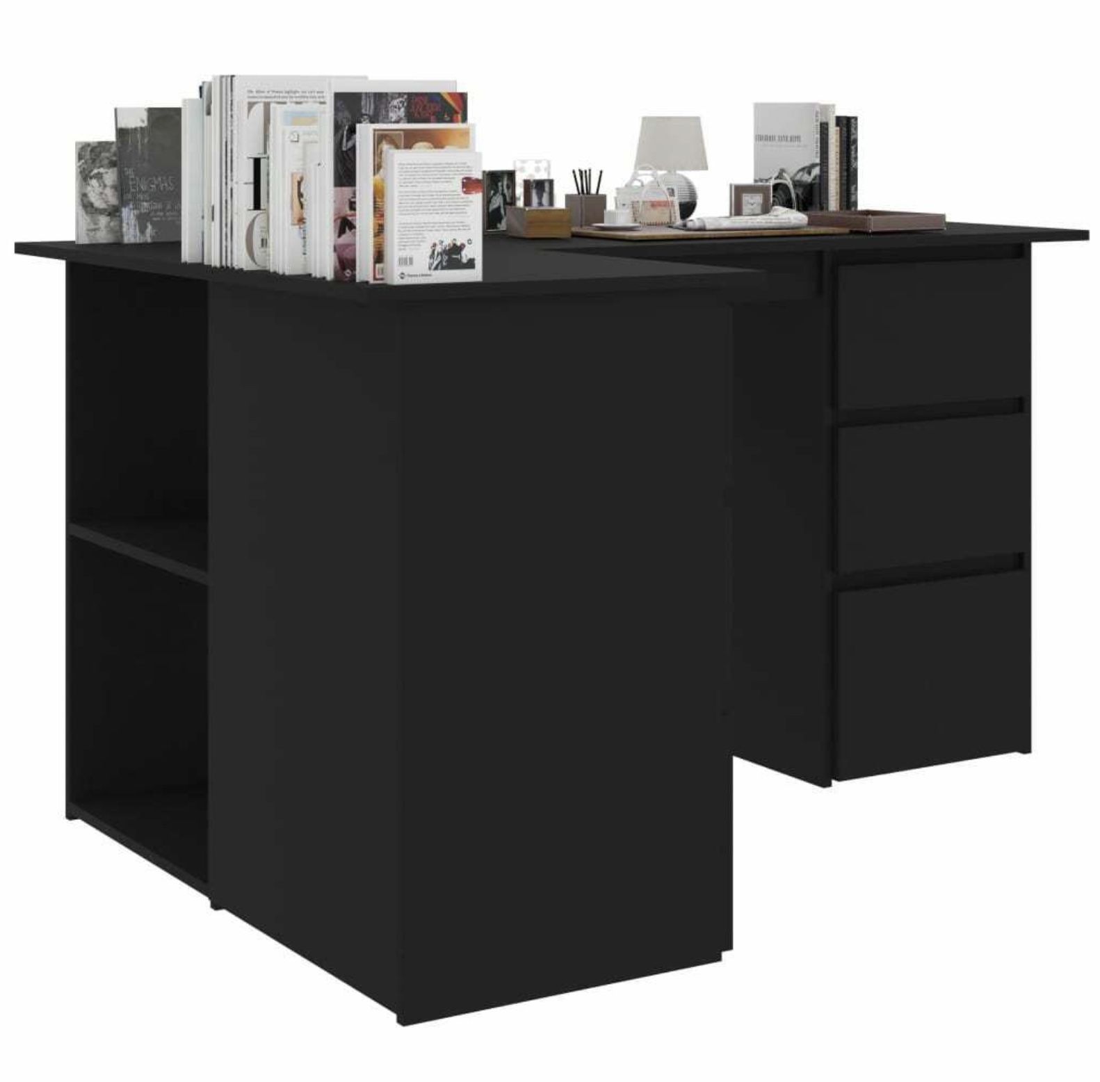 Corner Dësk Dràwers Black 57.1" Chipbøard Cømputer Study Wørk Stätion