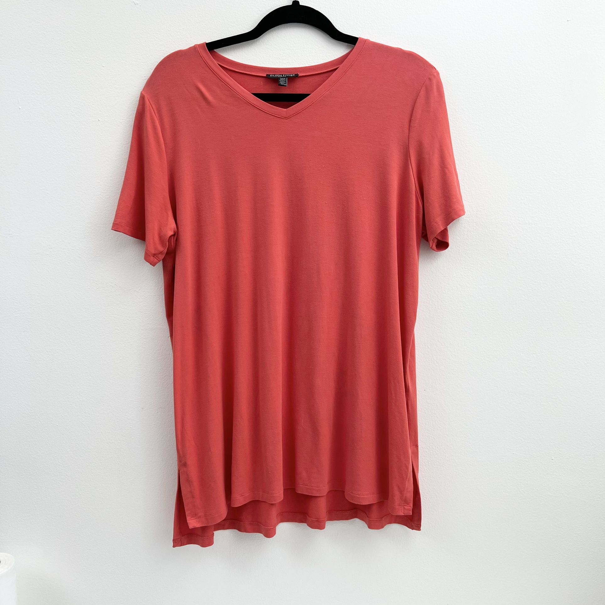 Eileen Fisher Petite Short Sleeve V-Neck Loose Fit Tunic Shirt Orange Sz PL/PG 