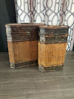 Vintage Rustic Primitive Bamboo & Metal Storage Canister w/ Hinged Lid