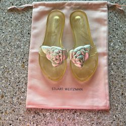 Stuart Weitzman Sandals 7 Genuine Leather Flower Gold & Silver Carry Bag AUTHENTIC 