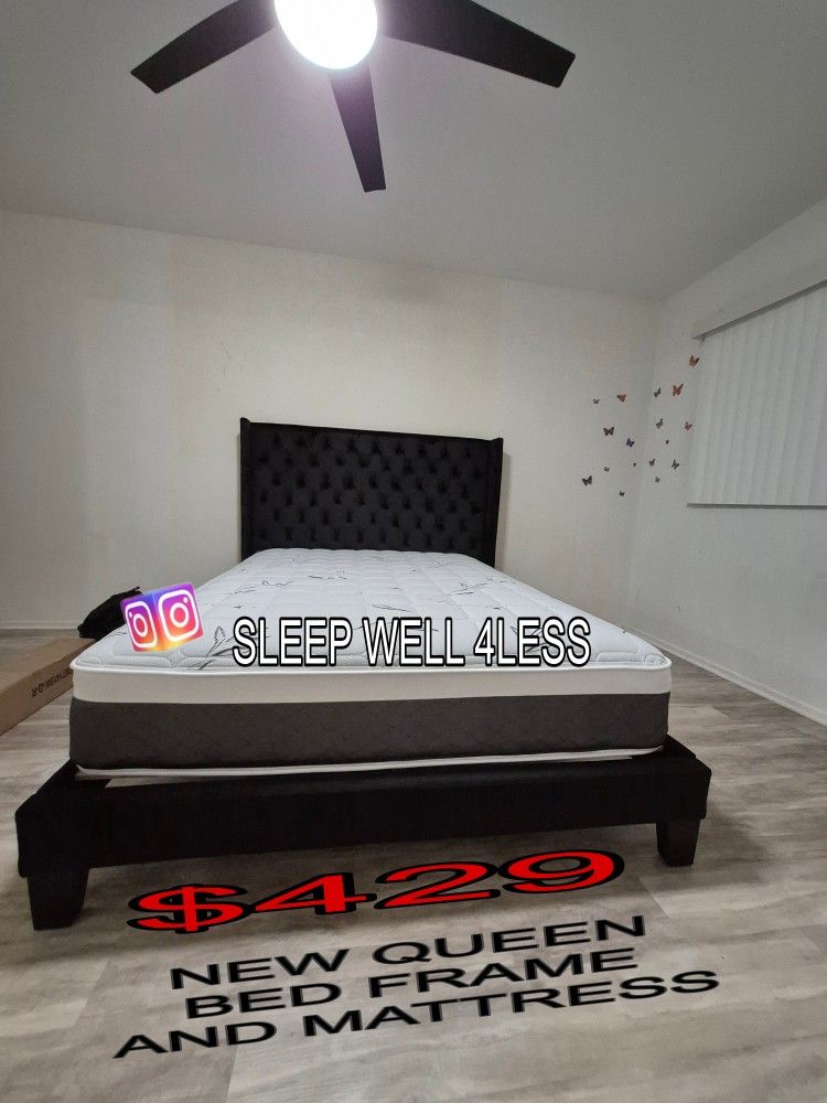 NEW QUEEN BED FRAME AND MATTRESS