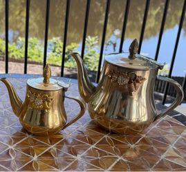 Vintage Metallic Gold Teapot and Creamer Set with Rhinestone Detail