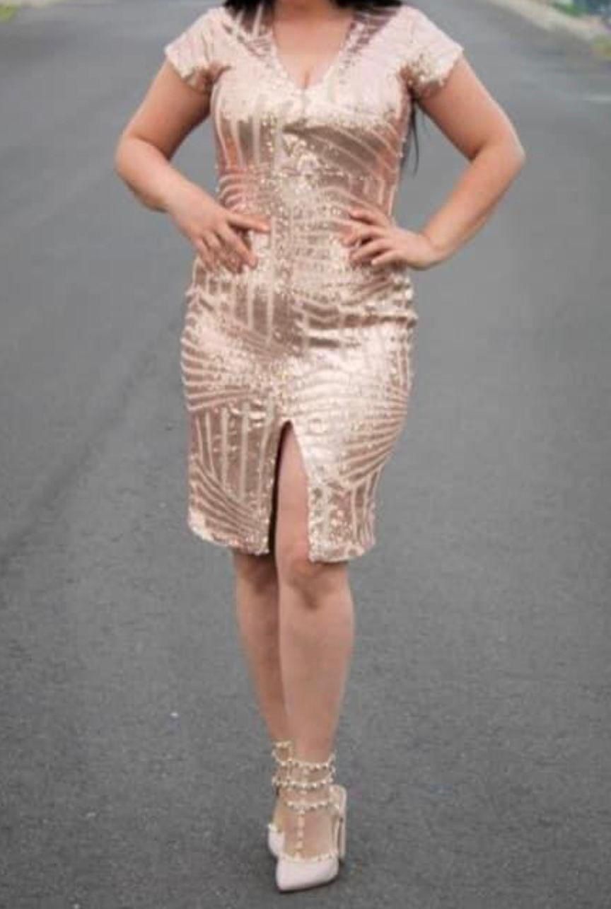 Dress Gold M/L Stretch Formal Cocktail