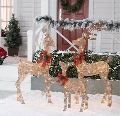 NEW Holiday Time Light-up Outdoor 3-Piece Glitter Reindeer Decoration Set