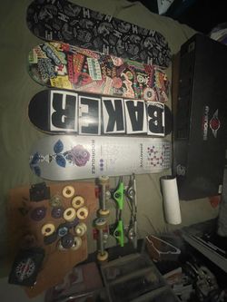 Skateboard decks, trucks, and wheels