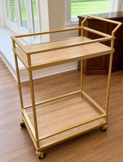 Modern Gold & Faux Wood Bar Cart on Wheels