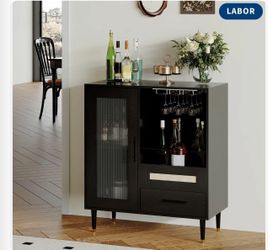 Black Bar Cabinet with Glass Door and Stemware Rack