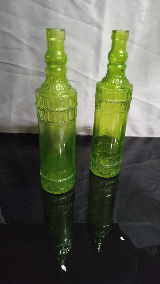 Two Vintage Green Glass Bottles