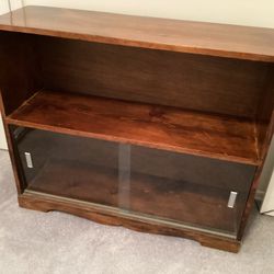 MCM Preowned Wood Bookcase Shelf Cabinet Sliding Glass Doors Dark Walnut Finish 34” Long
