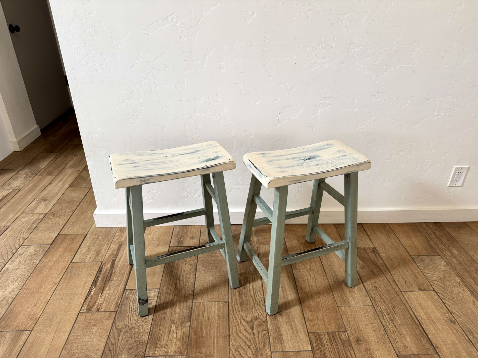 PAIR: White/turquoise Barstools 24” Counter Height Wood