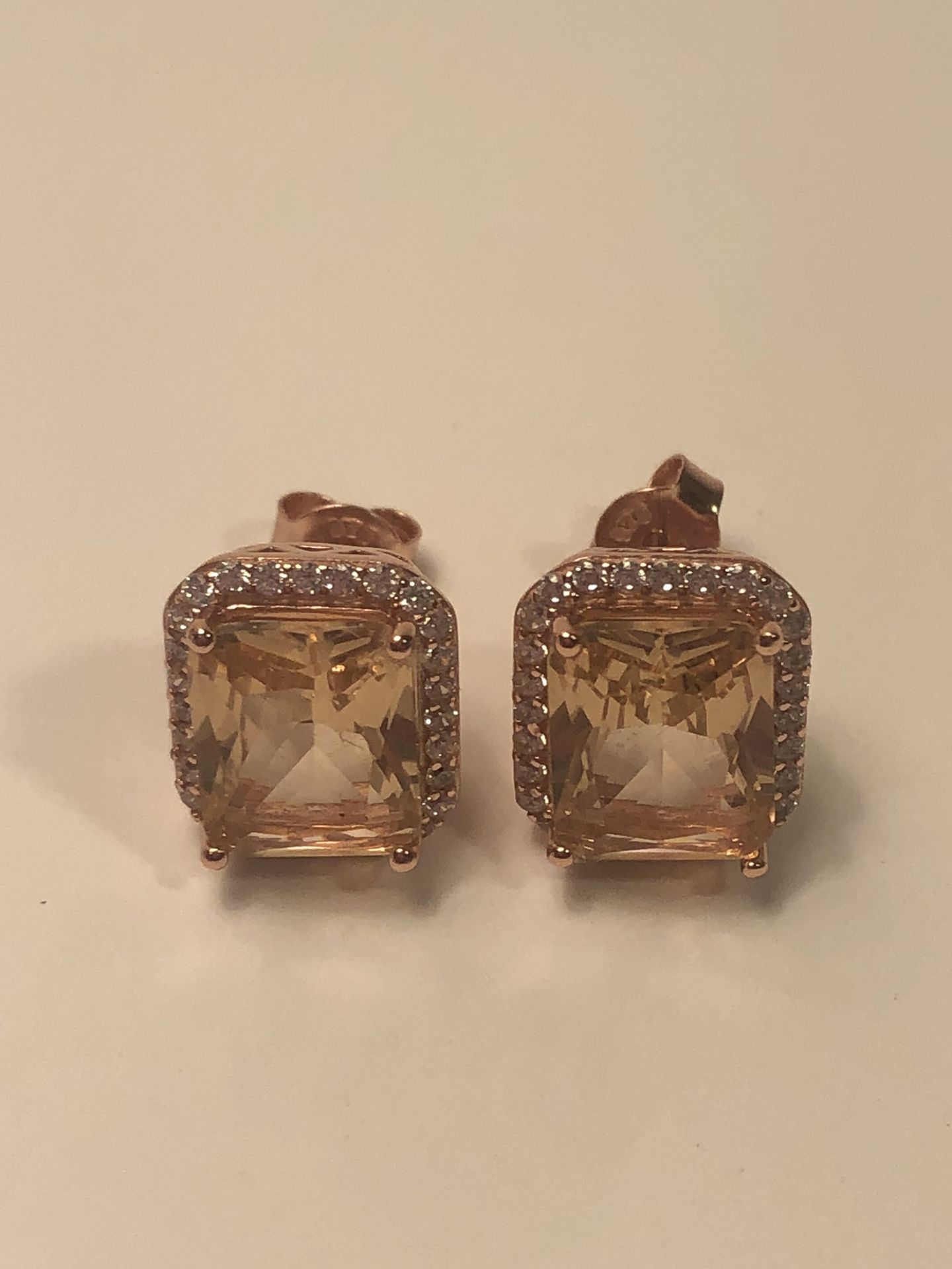 NIB 6.55 Ct Lab Peach Morganite Sterling Silver earrings, 14k overlay