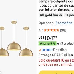 Gold Pendant Light 11.8" Industrial Dome Pendant Lights with Gold Interior, Adjustable Farmhouse Hanging Light for Kitchen Island Dining Room Bedroom 