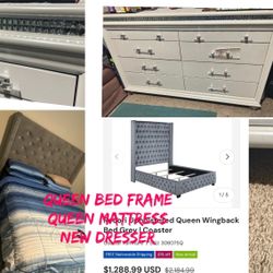 $650 Queen bed Frame/ Mattress/dresser Drawer