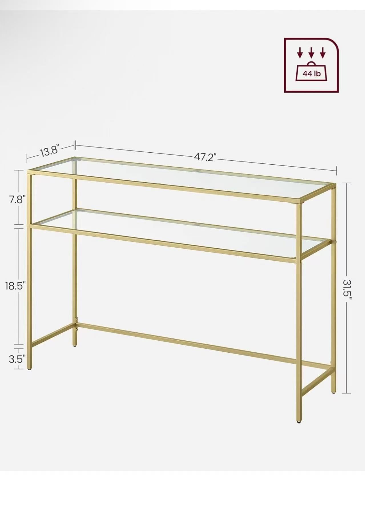 VASAGLE 47.2 Inch Console Sofa Table, Modern Entryway Table, Tempered Glass Table, Metal Frame, 2 Shelves, Adjustable Feet, for Living Room, Hallway,