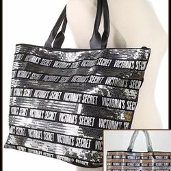 NEW VICTORIA'S SECRET BLING SILVER SEQUIN SEQUENCE BLACK STRIPED WEEKENDER GETAWAY BAG LOGO XL LARGE DUFFEL TOTE PURSE