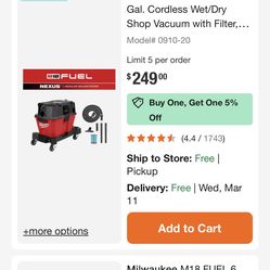 Milwaukee M-18 Fuel 6 Gallon Wet/Dry Vaccum