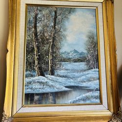 Vintage Snowy Forest Oil Painting – Gold Frame Wall Art