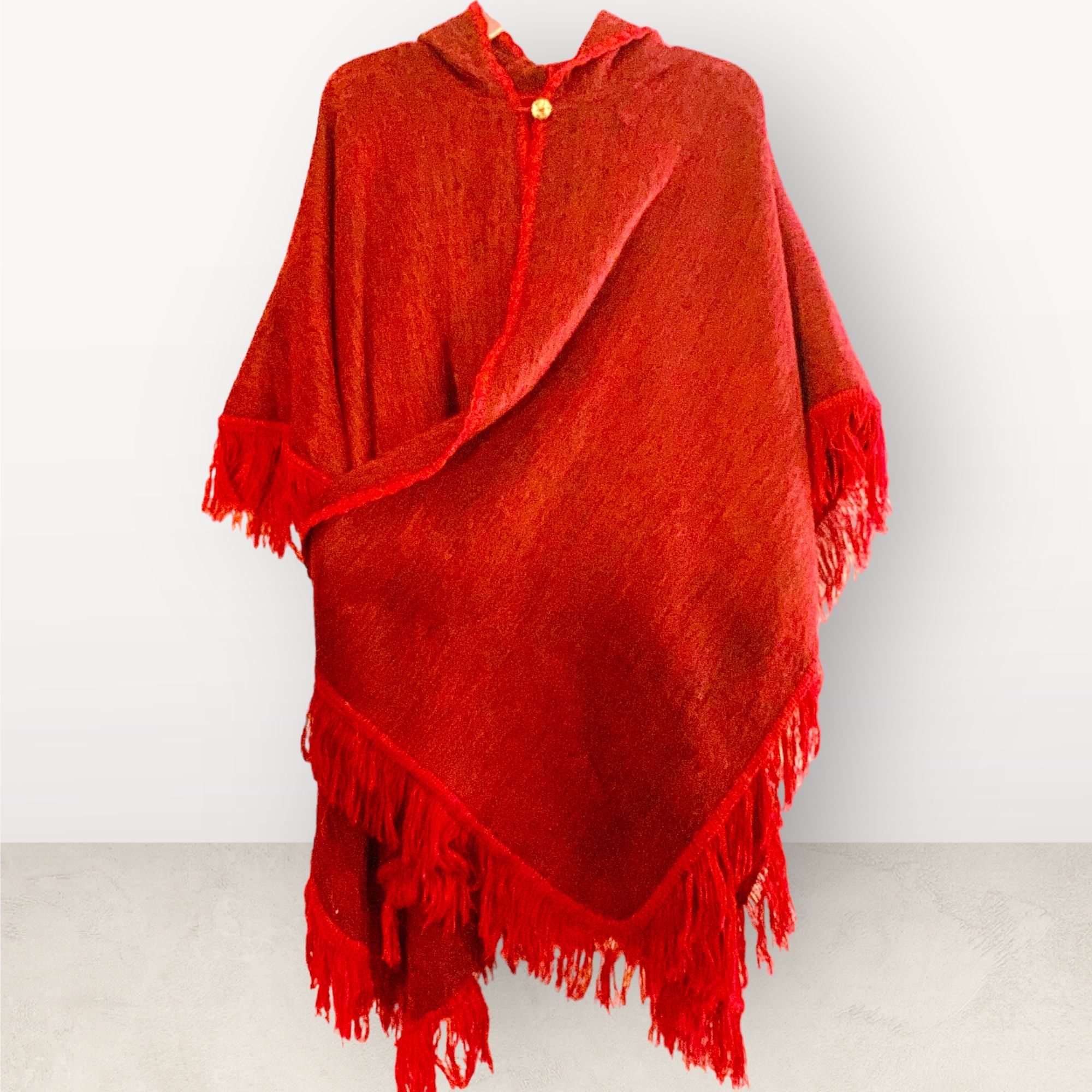 Soft Alpaca Hand-knitted Poncho With Hood. Open Style Handmade By Artisans Of South America,Color Red. One Size. New Handmade.