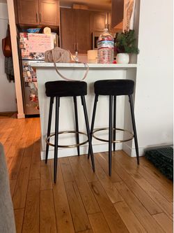 2 Modern Black Velvet Bar Stools with Gold Footrests – Excellent Condition