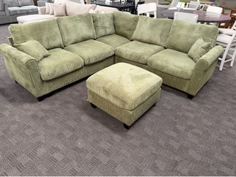 Sage green L-shaped sectional w/ ottoman