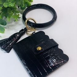 High Quality PU Leather Wristlet Keychain Wallet/Card Holder Big Circle, Black