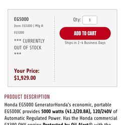 EG5000 Honda Generator 