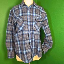 Vintage JCPenney 100% Virgin Wool Blue Plaid Flannel Large