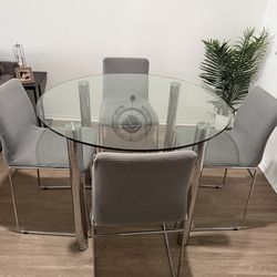 Round Glass Dining Table Set – 4 Chairs (Gray/Silver)