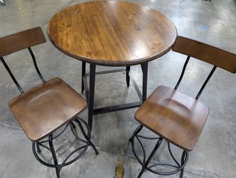 Compact Round Wood Top Bistro Table with Two Stools
