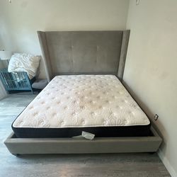 King Upholstered Wingback Bed + Mattress – Gray (Z Gallerie Style) MUST GO