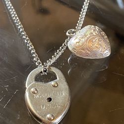 VTG sterling 925 Locket Heart & Silver puffy heart Chained Necklace