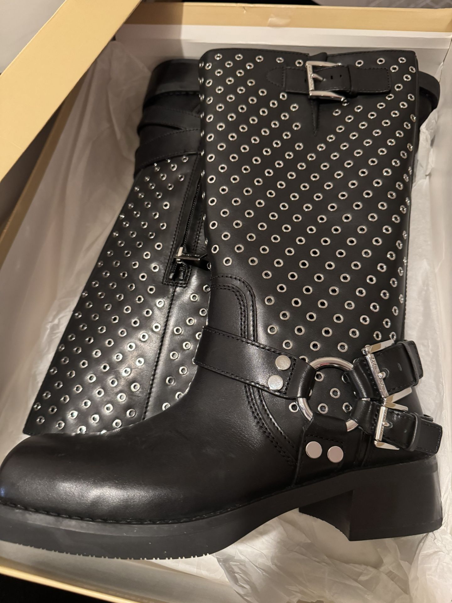 Michael Kors Crosby Moto Boots — Size 8M (Black Leather)
