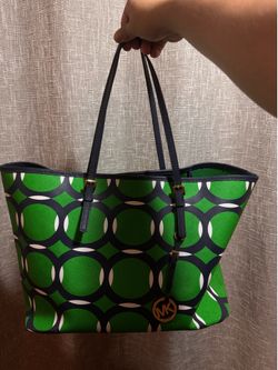 MICHAEL KORS JET SET TRAVEL Deco Green Navy Blue Large TOTE Handbag