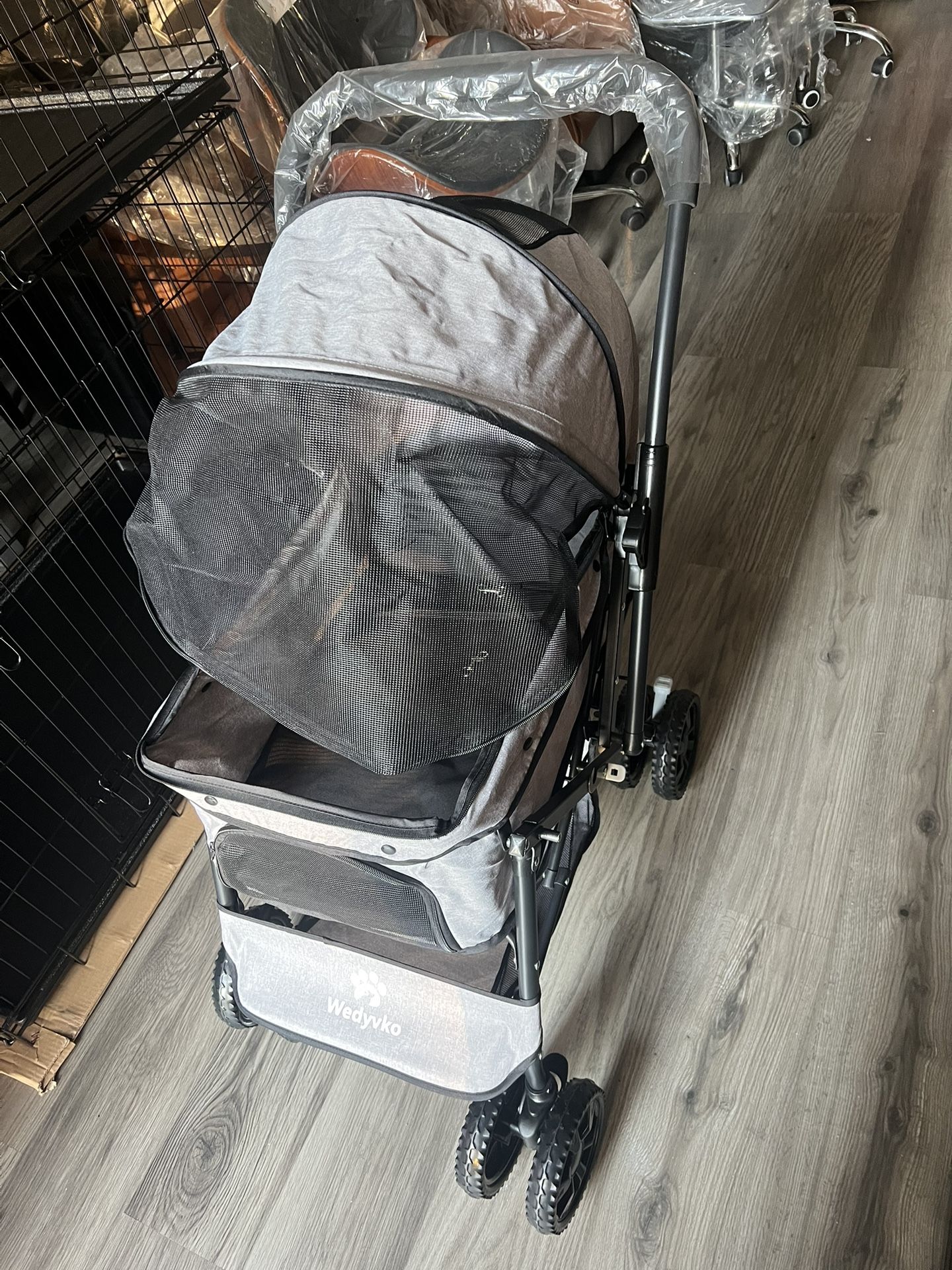 Medium Dog Stroller 50lb - Pets Stroller for Medium Dogs with Storage Basket & Pouch, Security Leashes, Gray